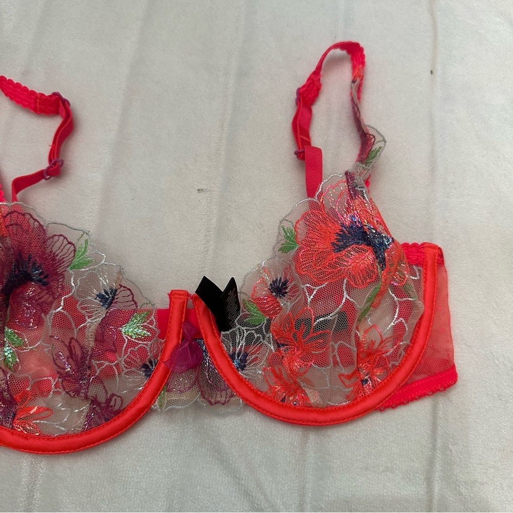New! For Love and Lemons Shimmer Zinnia Bra neon coral floral 51391 - Picture 8 of 11